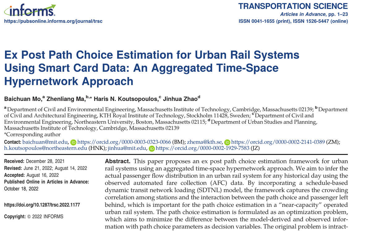 Title area screenshot from the second page of the Transportation Science paper