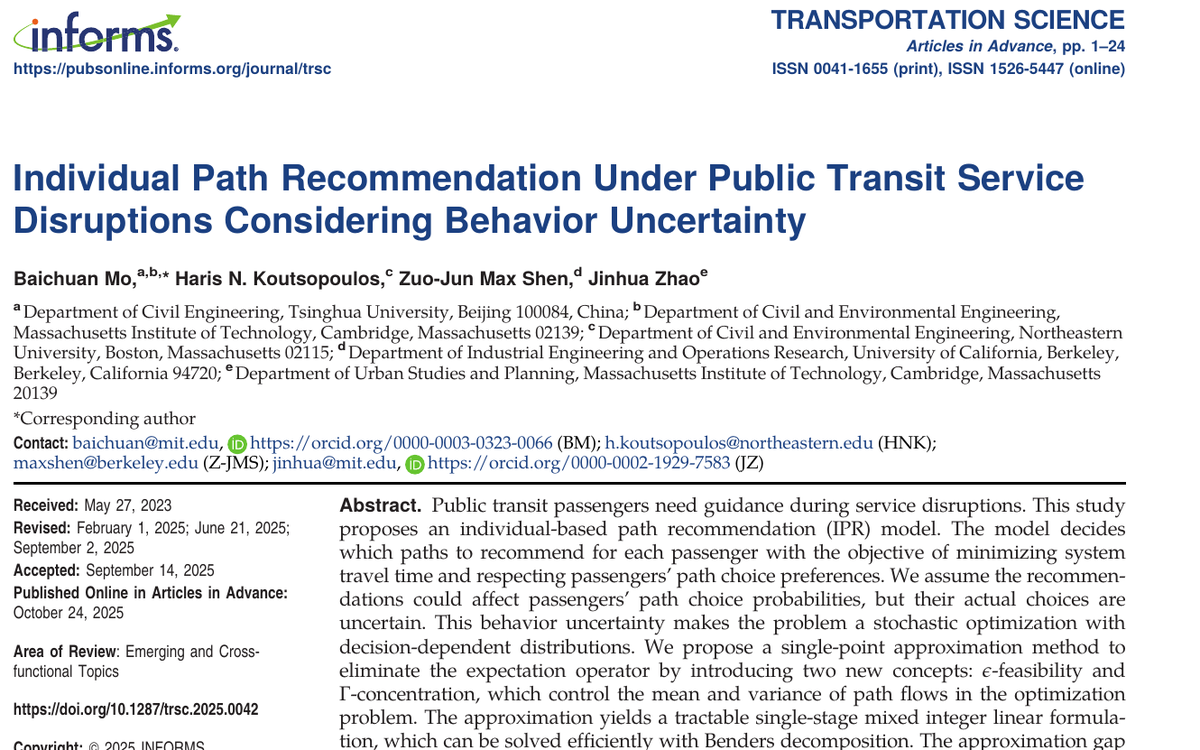 Title area screenshot from the second page of the Transportation Science paper